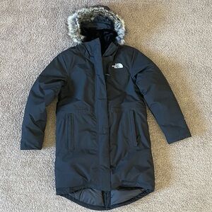 The North Face Girls Black Down Long Coat with Fur Hood